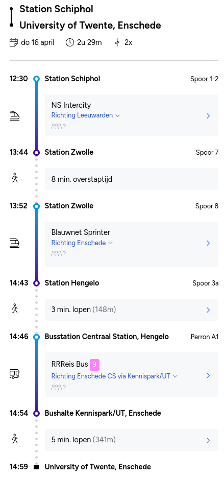 connection from Schiphol to the University of Twente